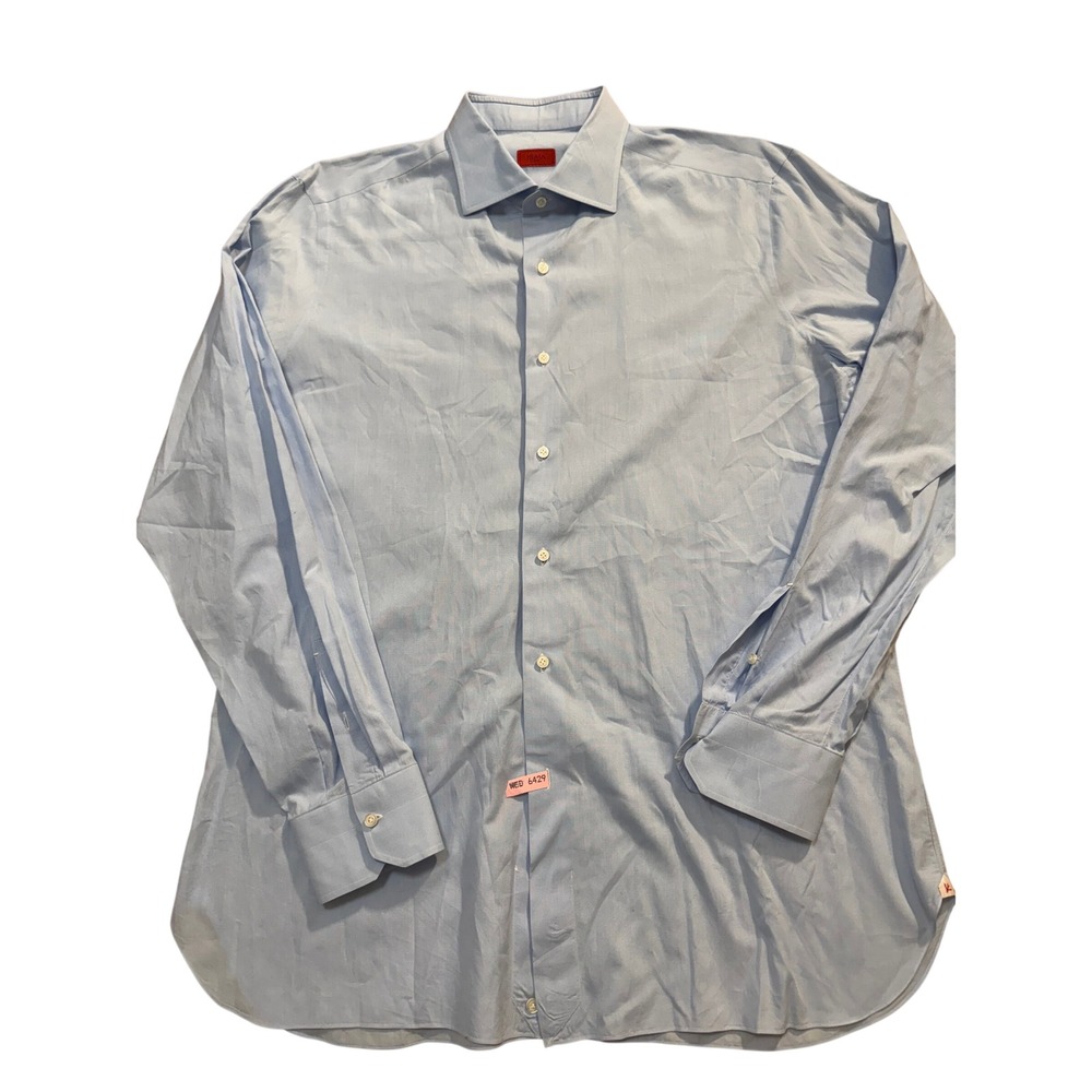 Isaia Dress Shirt 17.5 44 Light Blue Cotton Spread Collar Made in Italy Napoli